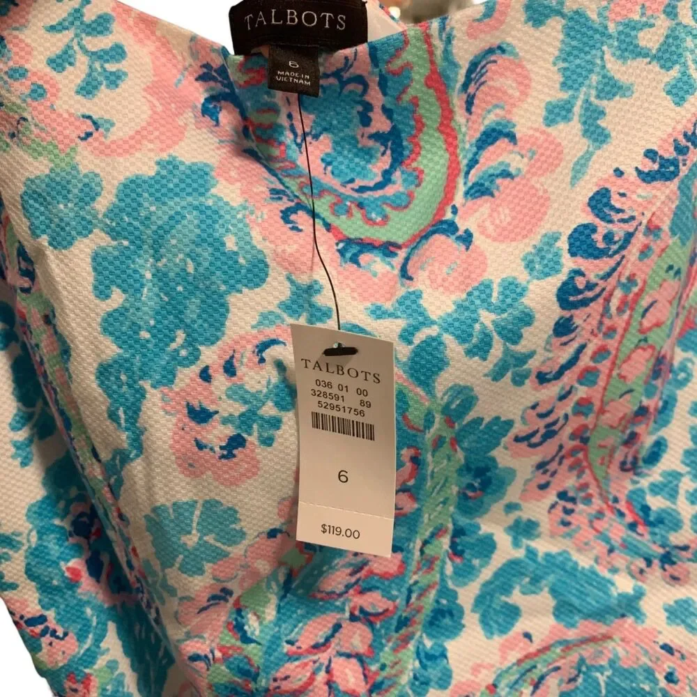 Talbots Womens Fresco Blue Pink Paisley White Square Neck Sleeveless Dress 6 NWT